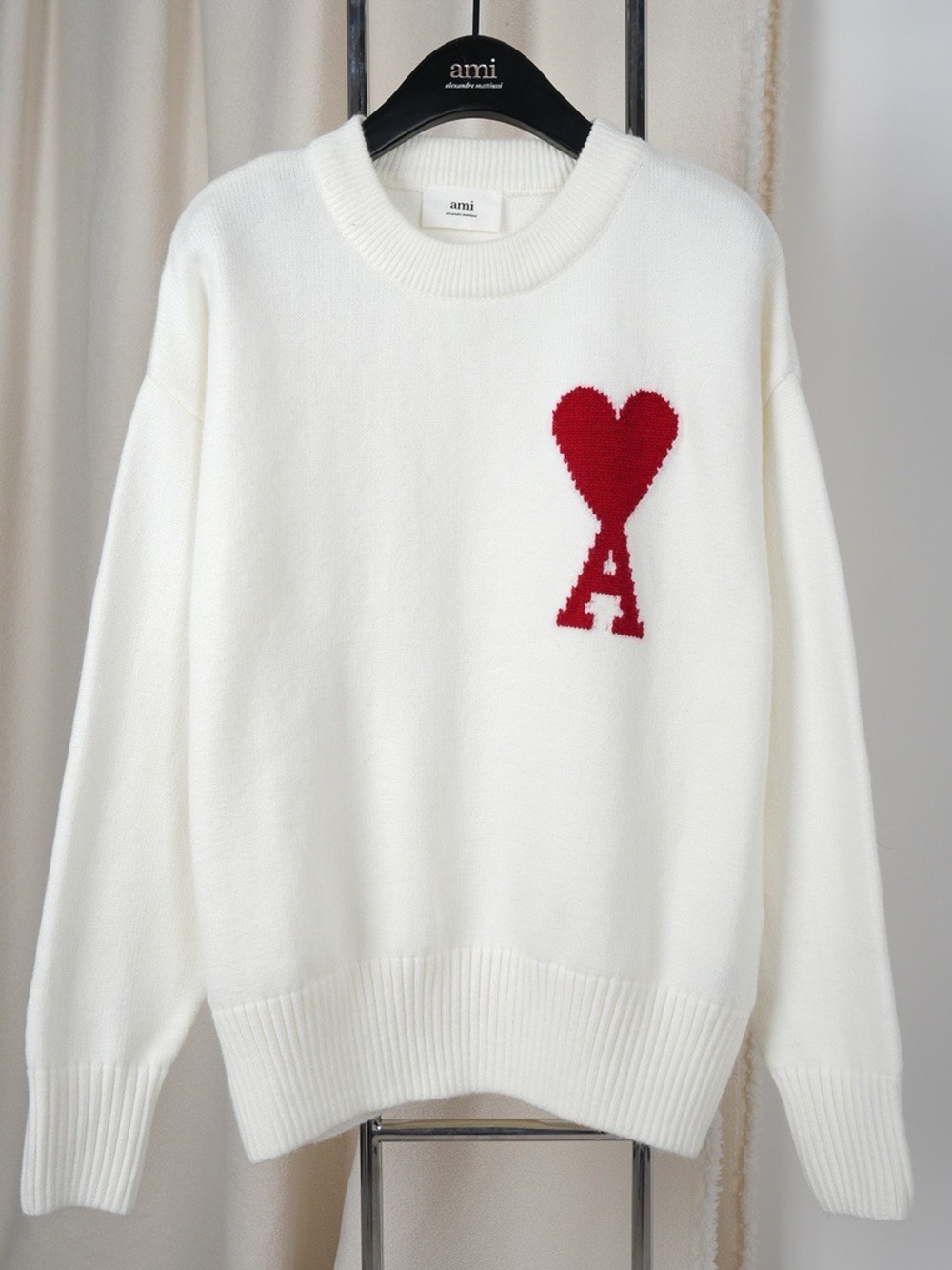 Ami White Crewneck Sweater with Red Heart 'A' Motif